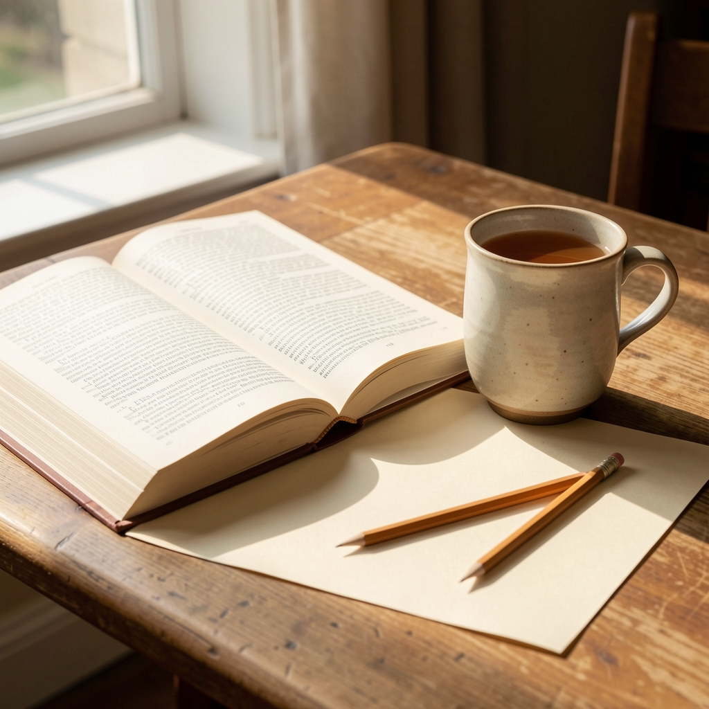 Sunlit reading table with an open hardcover book, a ceramic cup of warm tea, and a wooden pencil resting on cream-coloured paper, evoking a contemplative, scholarly atmosphere