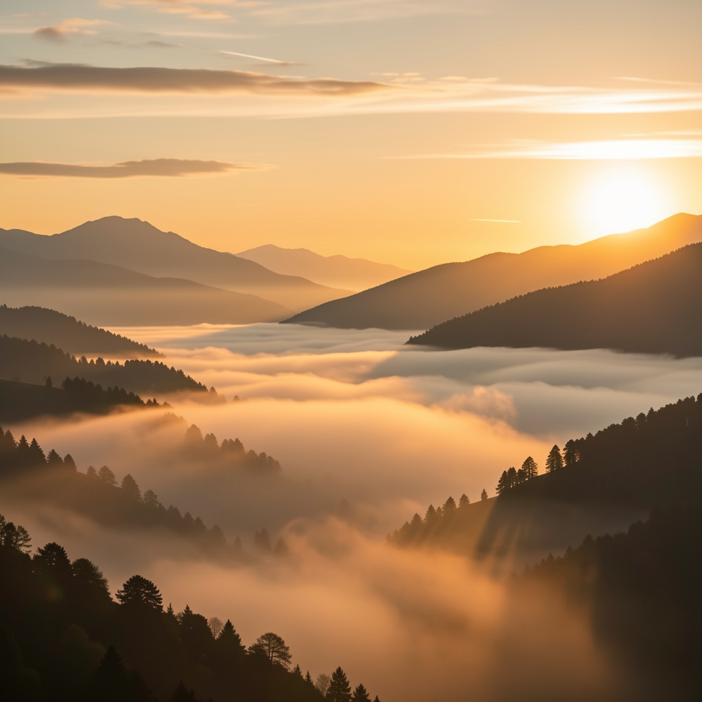 Golden sunrise over a calm misty valley with layered mountain silhouettes, warm amber light breaking through low-lying cloud, evoking natural cycles and the rhythm of day and night