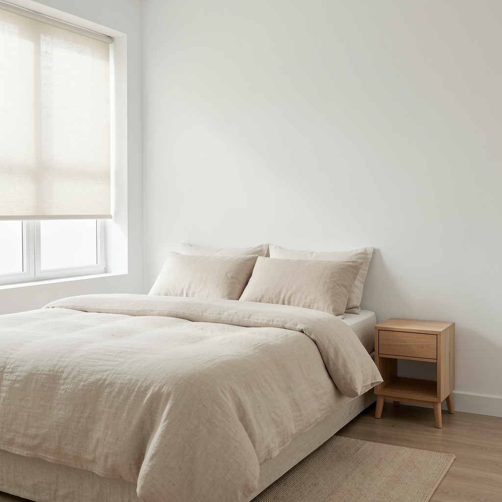 Minimalist bedroom interior with white walls, natural linen bedding, a single wooden nightstand, and a shaded window letting in diffused morning light