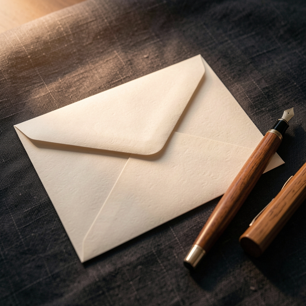 Close-up of a handwritten envelope resting on a dark linen surface beside a wooden pen, soft warm side-lighting illuminating the texture of the paper, evoking quiet and considered correspondence