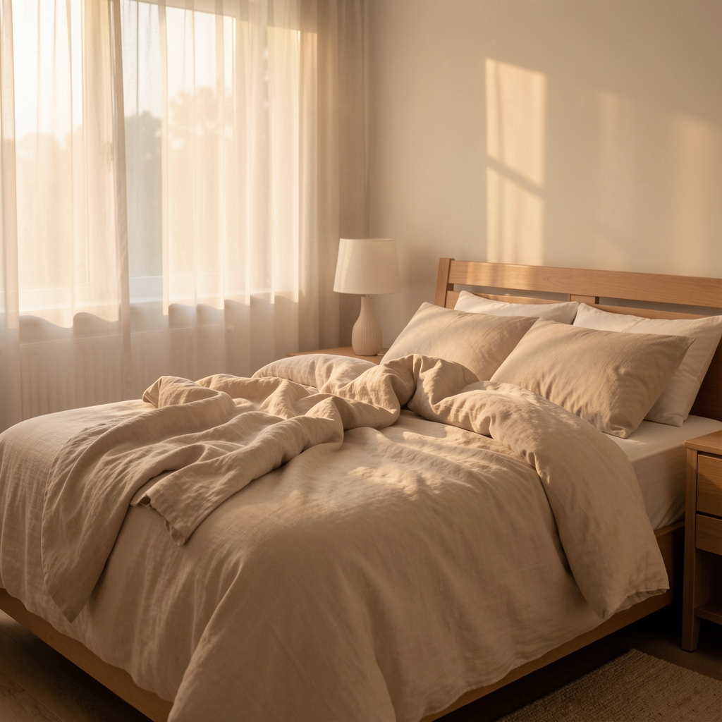 Quiet bedroom at early dawn, soft warm light filtering through sheer curtains onto an unmade bed with rumpled linen sheets, creating a serene, restful atmosphere