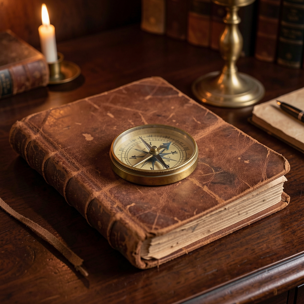 Antique brass compass and worn leather-bound notebook resting on a dark mahogany desk, soft candlelight illuminating aged paper, evoking historical inquiry and the slow accumulation of knowledge